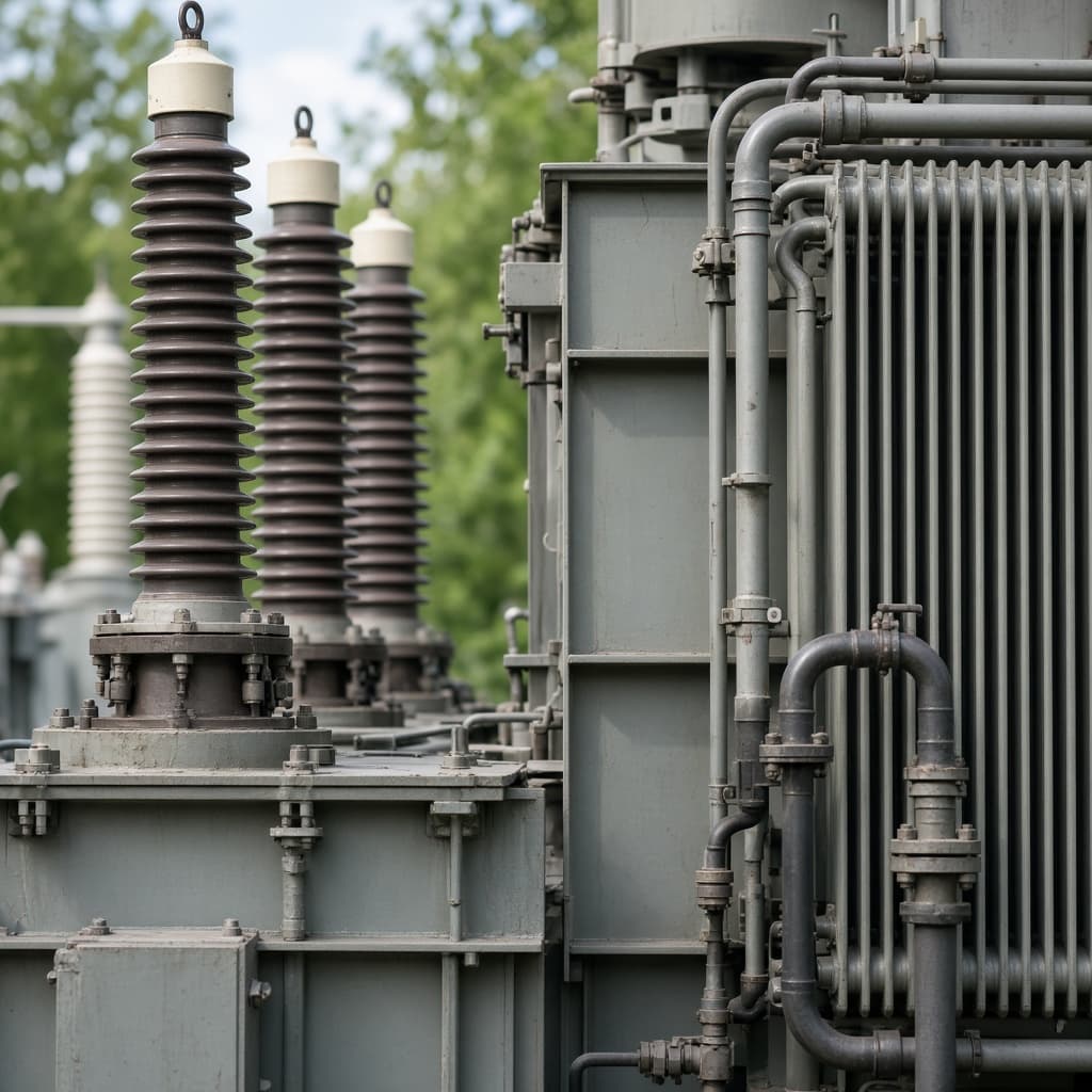 Representative 500 kV class generator step-up transformer bushings and cooling radiators in close view