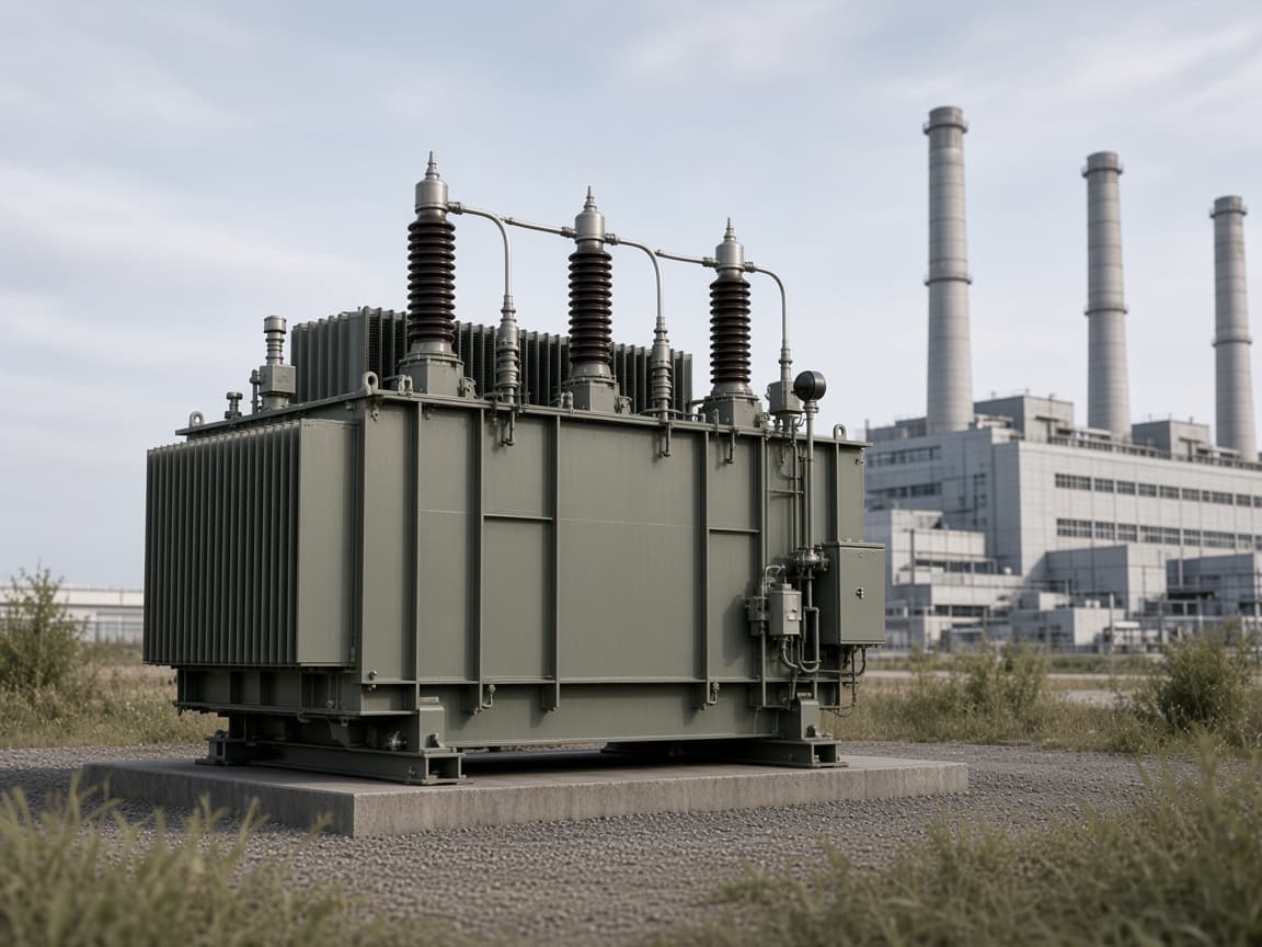 Representative 138 kV class generator step-up transformer compact self-cooled unit on a generation-yard pad