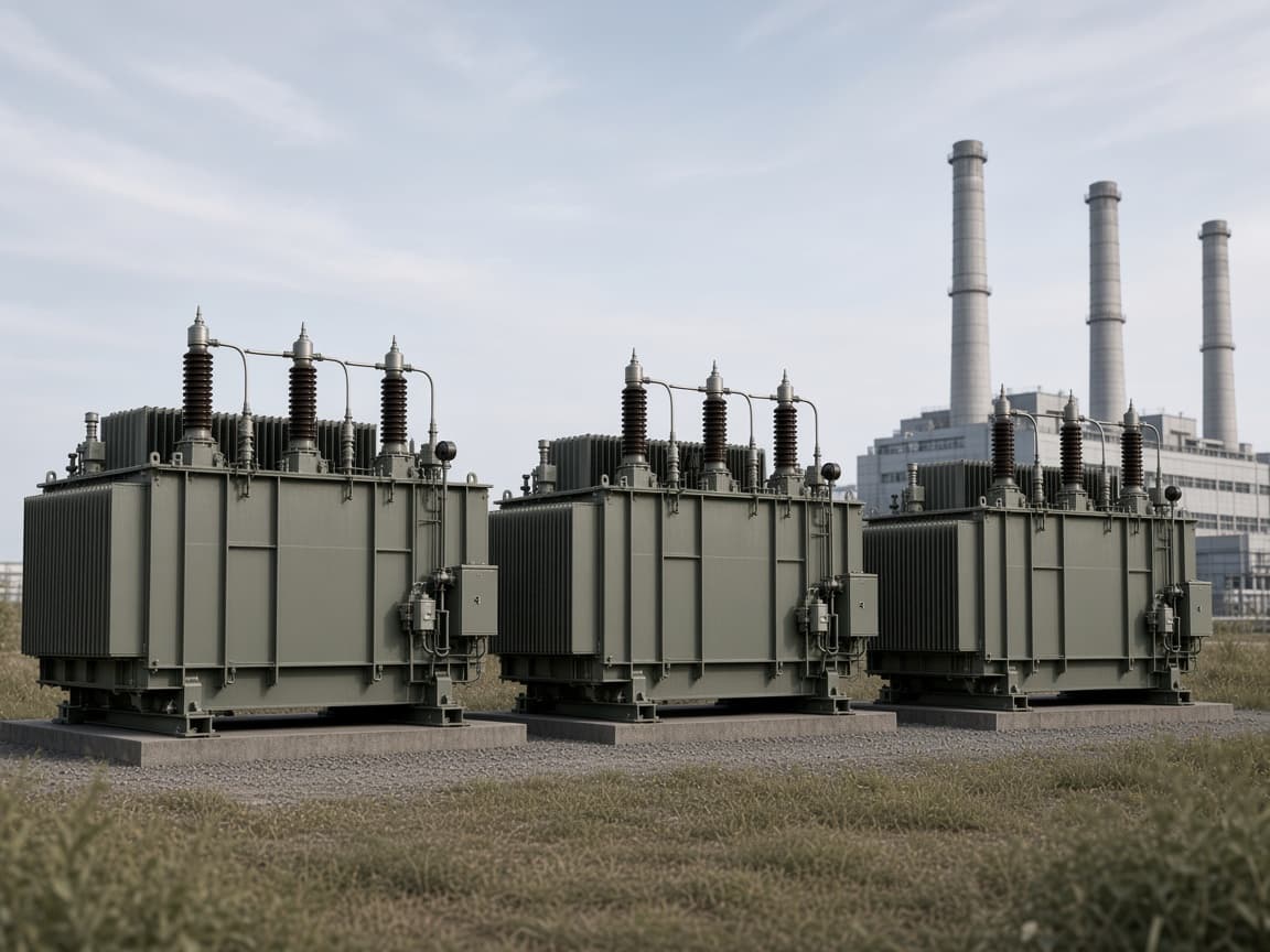 Representative 345 kV class generator step-up transformer three single-phase tanks aligned in a switchyard