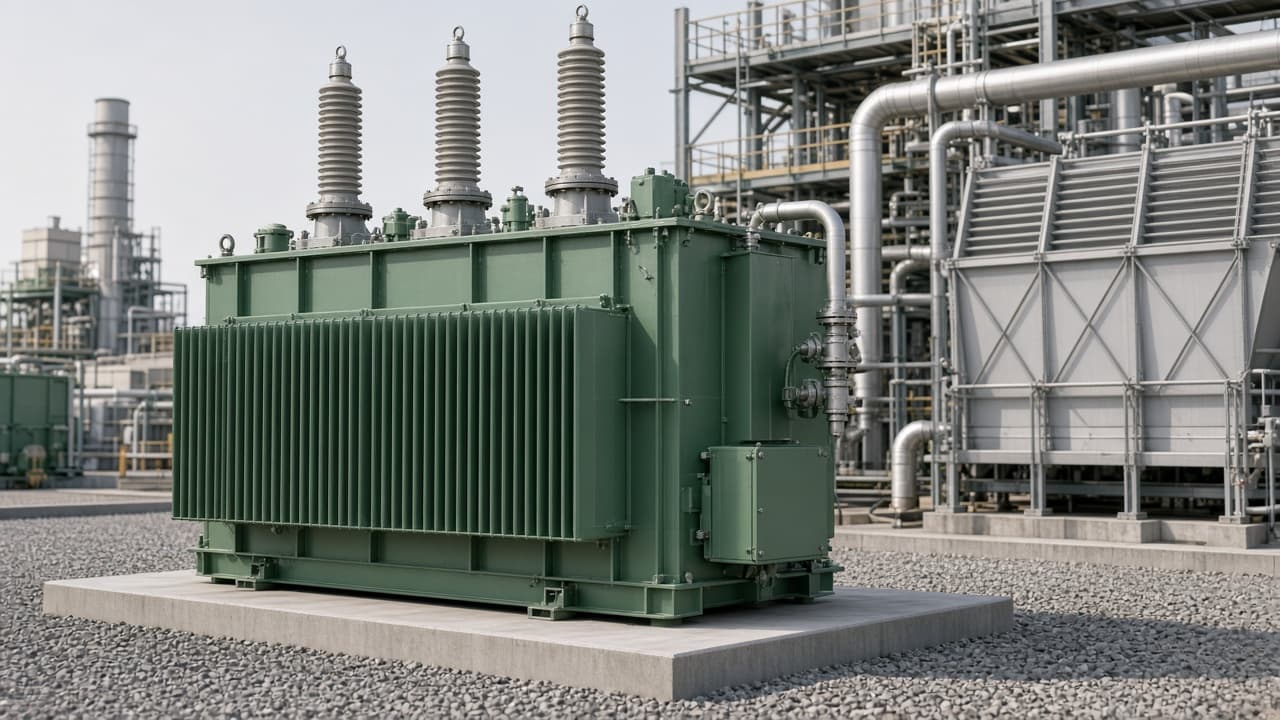 Representative 345 kV class generator step-up transformer with HV bushings and radiator banks at a generation plant