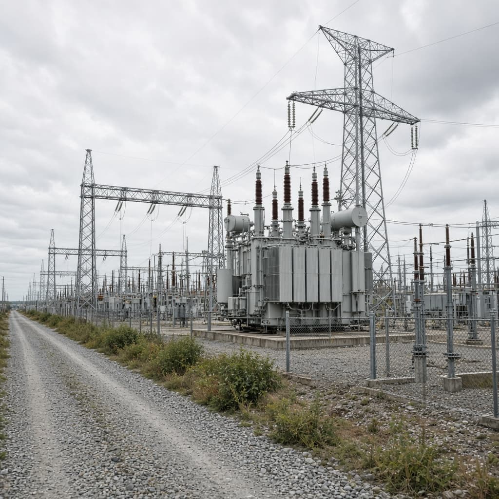 Representative 500 kV class large power transformer under lattice transmission towers