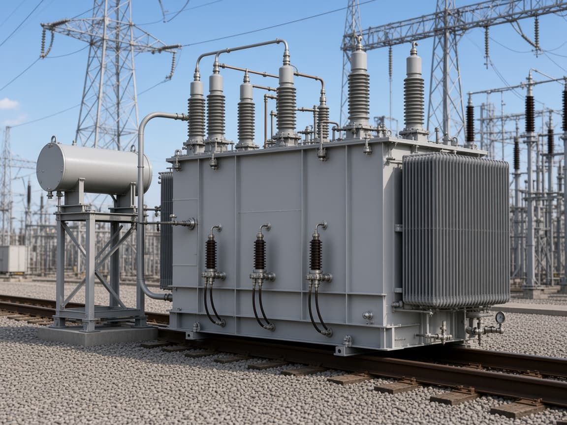 Representative 230 kV class large power transformer staged beside a rail corridor