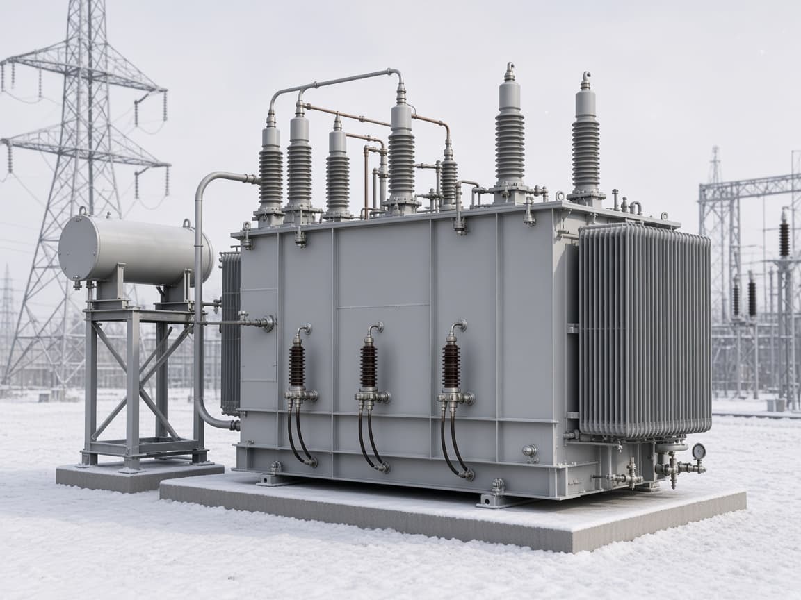Representative 161 kV class large power transformer in a winter switchyard