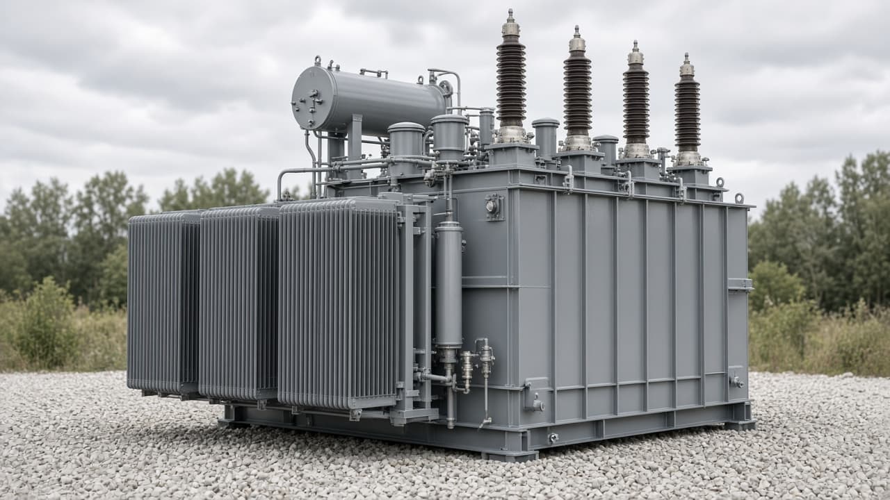 Representative 345 kV class large power transformer with radiator banks in an interconnect yard