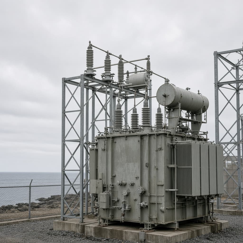 Representative 230 kV class medium power transformer with radiators and buswork