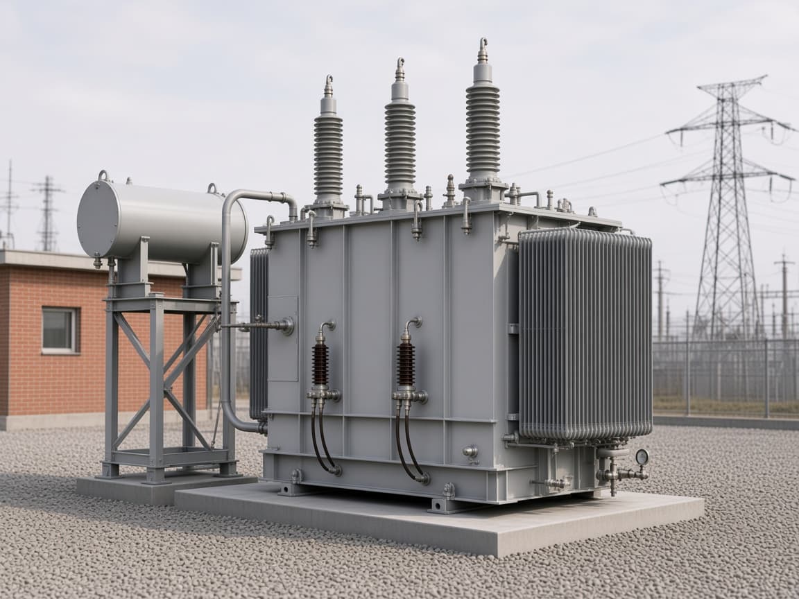 Representative 230 kV class medium power transformer beside a substation control house
